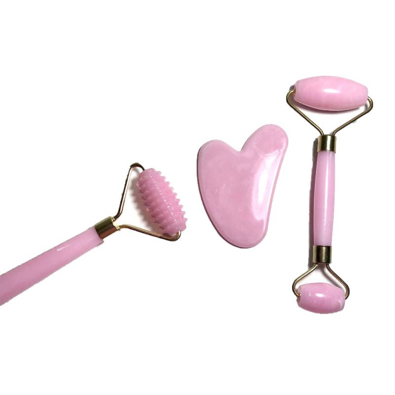 Gua Sha Pink Rose Quartz Jade Massager Roller Set